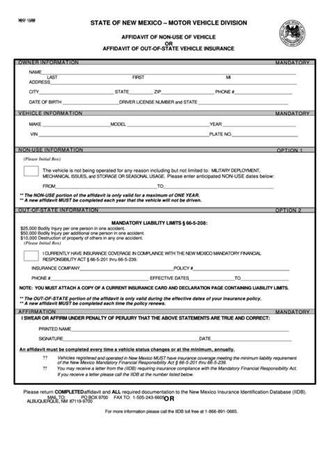 affidavit of non-use of vehicle