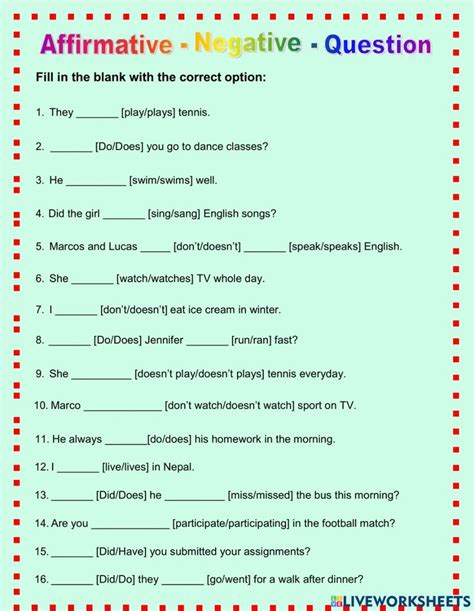 affirmative negative interrogative sentences exercises