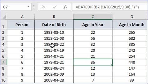 age category formula in excel