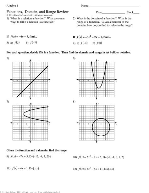 algebra 1 functions domain and range function notation worksheet