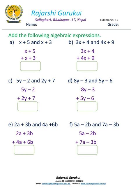 algebraic expressions class 7 worksheet addition and subtraction