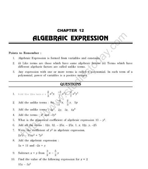 algebraic expressions class 7 worksheet with solutions