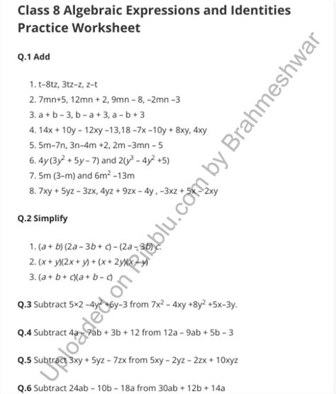 algebraic expressions class 8 questions