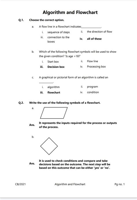 algorithm and flowchart questions and answers pdf class 6