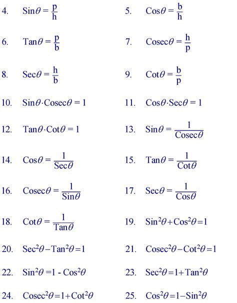 all formulas of maths class 10 trigonometry