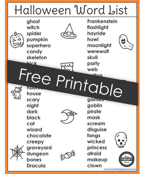alphabetical list of halloween words