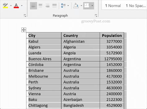 alphabetical order in word table