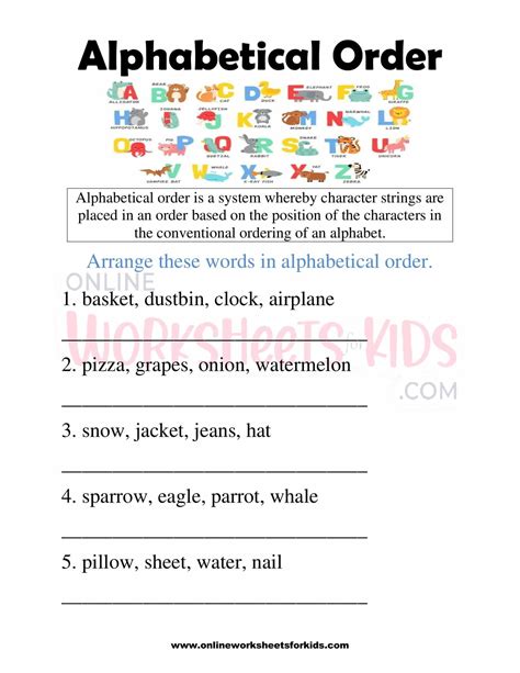 alphabetical order questions for class 4