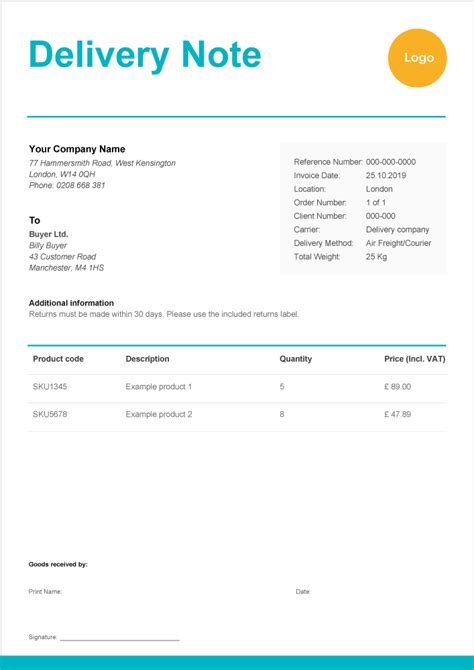 an example of delivery note
