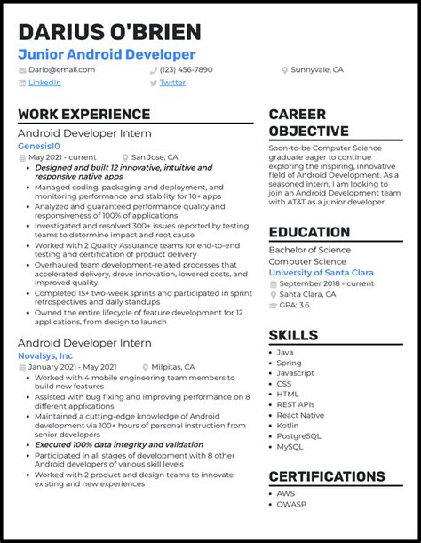 android developer resume example