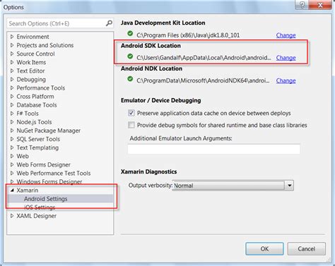 android sdk location visual studio