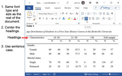 apa style table format in word