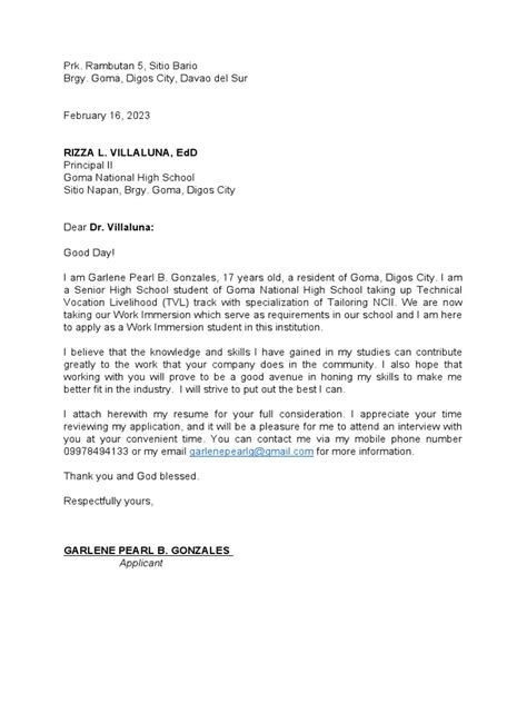 application letter example for work immersion student