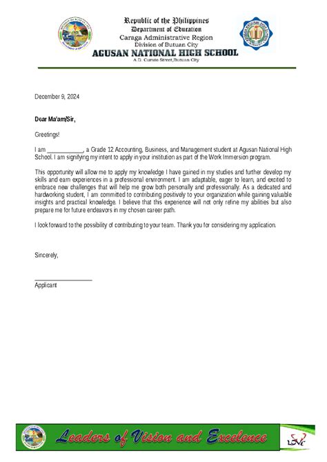application letter sample for immersion in school