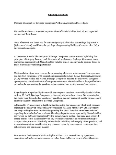 arbitration opening and closing statements