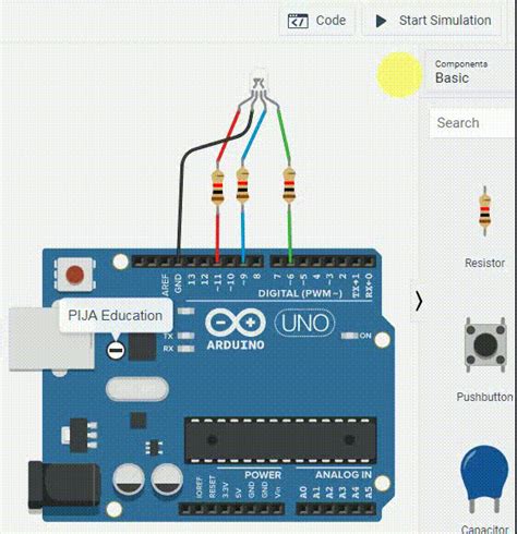 arduino rgb led rainbow code tinkercad
