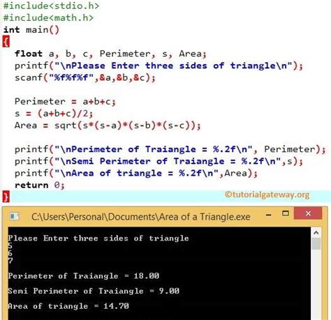area of triangle program in c programiz