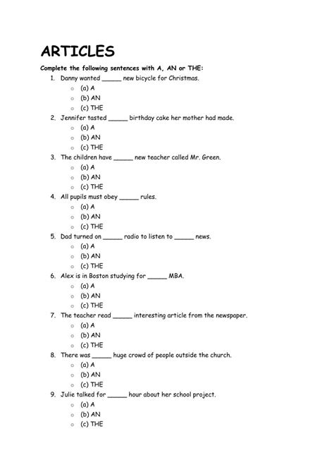 article exercises for class 7 with answers
