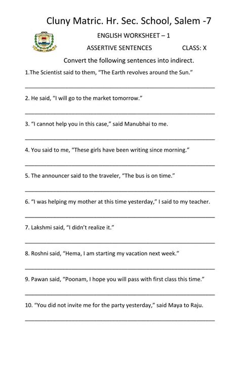 assertive sentence worksheet for class 5 with answers