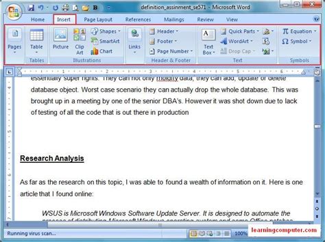 assignment of insert tab in ms word