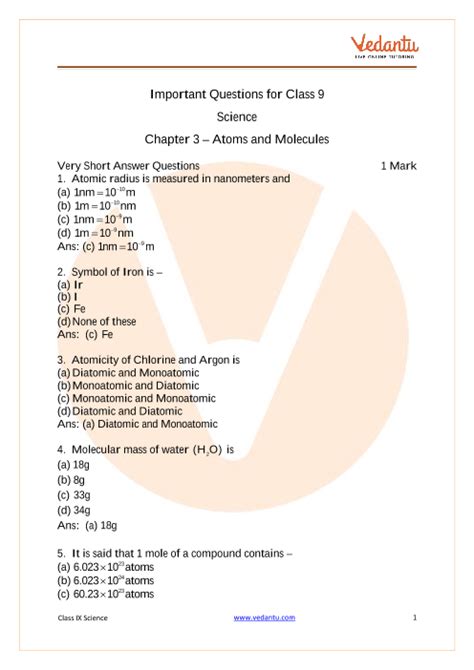 atom and molecules class 9 extra questions