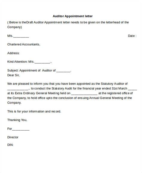 auditor appointment letter format in word