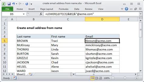 automatically create email address in excel