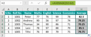 average formula in excel for marksheet