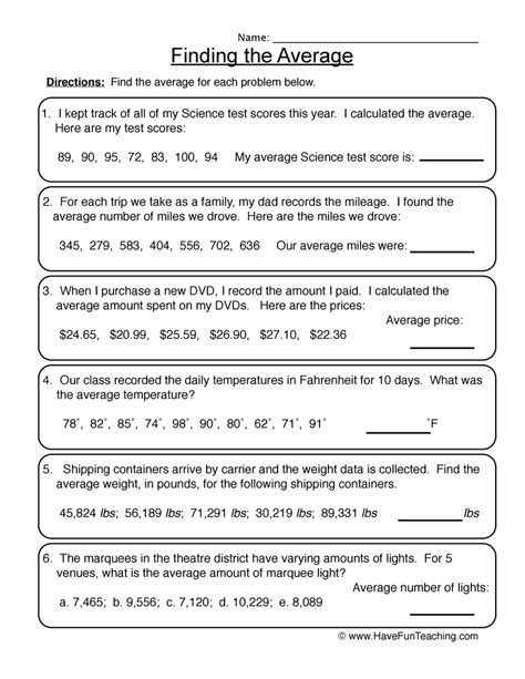 average worksheet for class 5 with answers