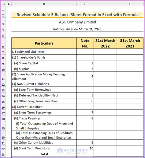 balance sheet schedule 3 format excel