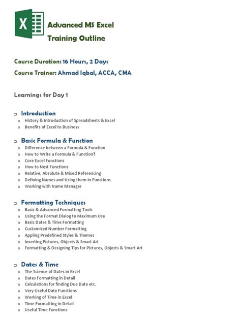 basic excel course outline