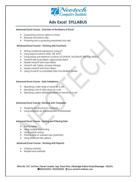 basic excel course syllabus pdf