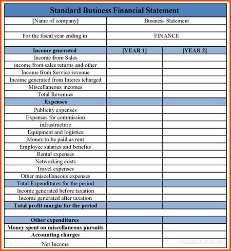 basic financial statement template excel