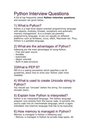 basic interview questions on python for freshers