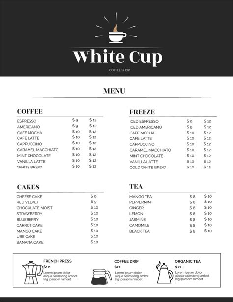 basic menu for cafe