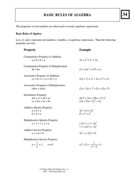 basic rules of algebra worksheet