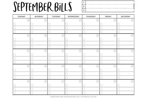Bills Calendar Printable