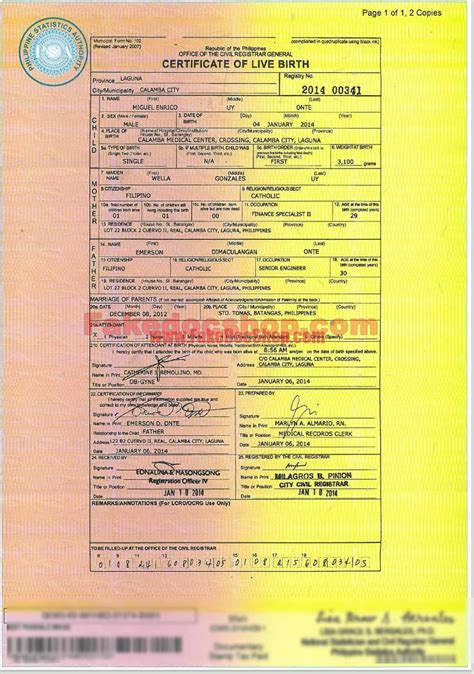 Birth certificate example