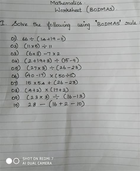 bodmas questions with answers for class 7