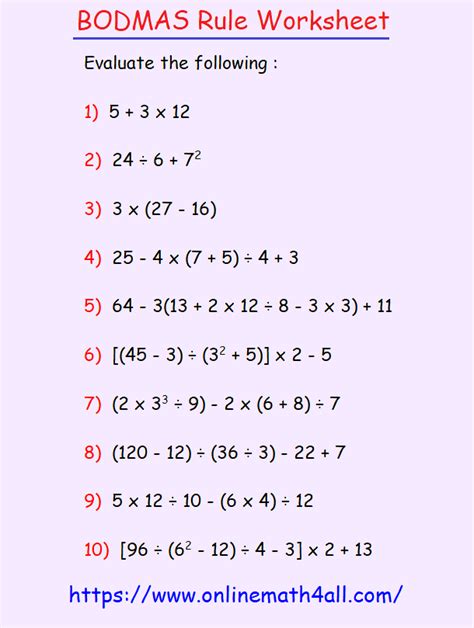 bodmas questions with answers for class 7 pdf
