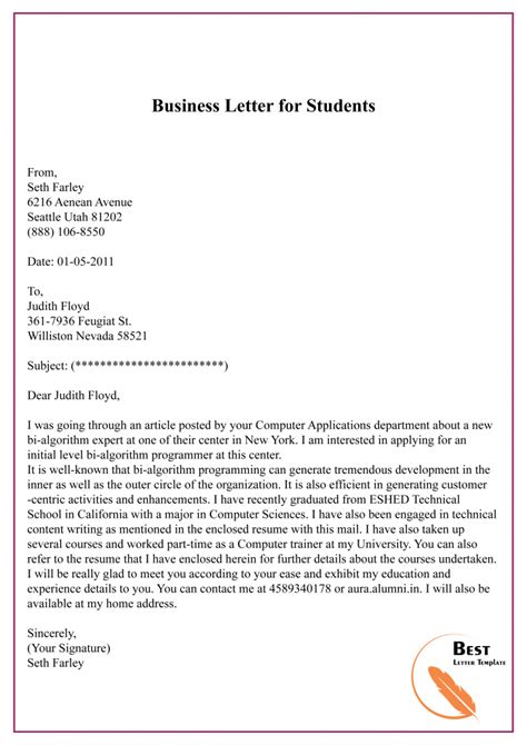 business letter example for students class 11