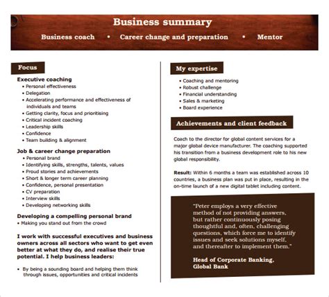 business plan summary template free