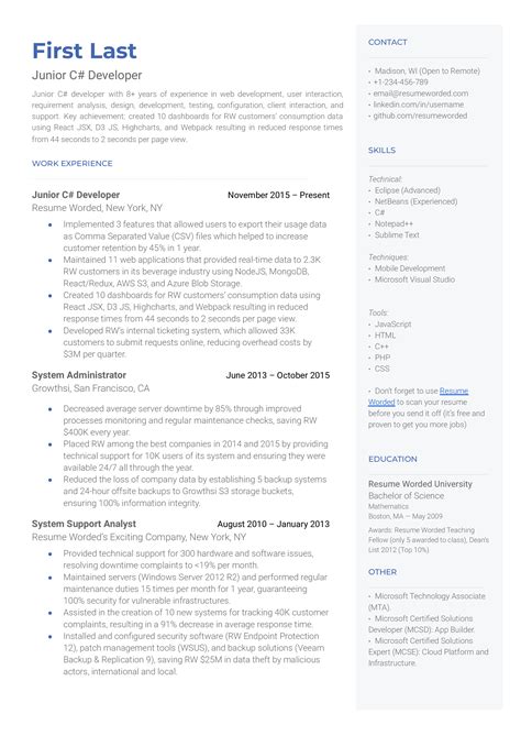 c# net developer resume sample