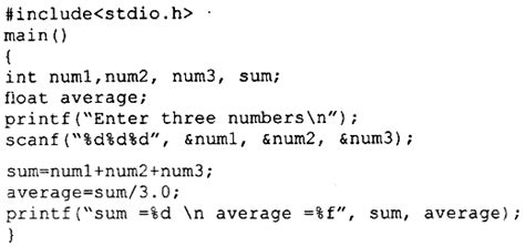 c program to find sum and average of 3 numbers