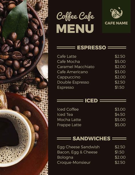 cafe menu items examples