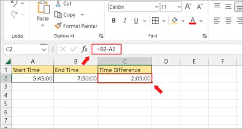 calculate time difference between 2 cells in excel