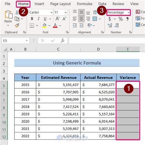 calculate variance in excel between two numbers