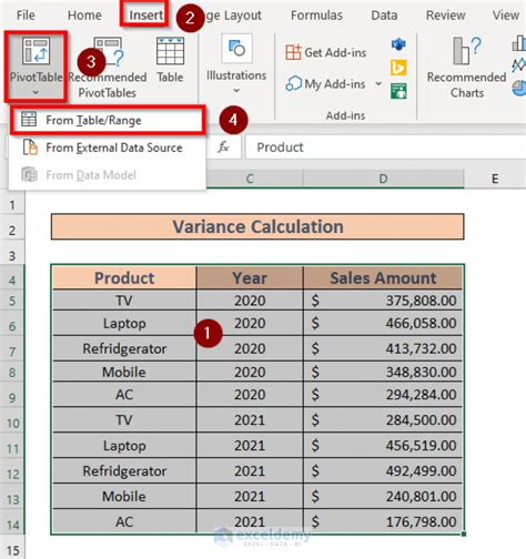 calculate variance in excel pivot table