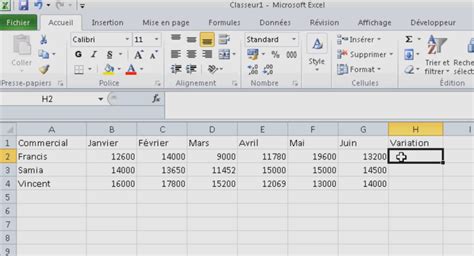 calculer taux variation excel