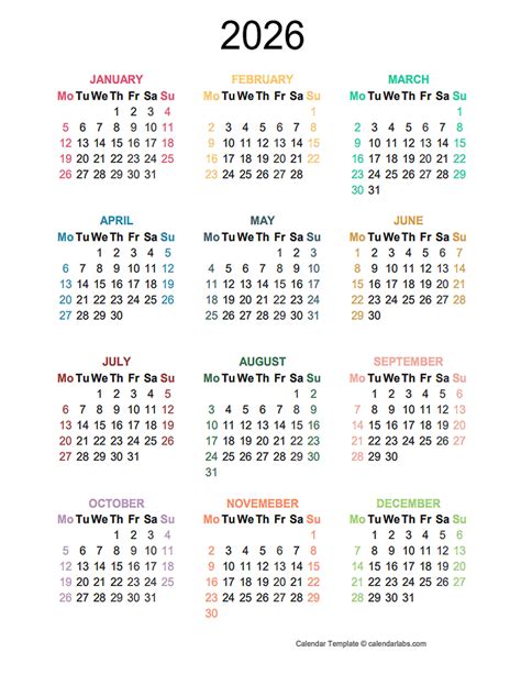 calendar excel template 2026